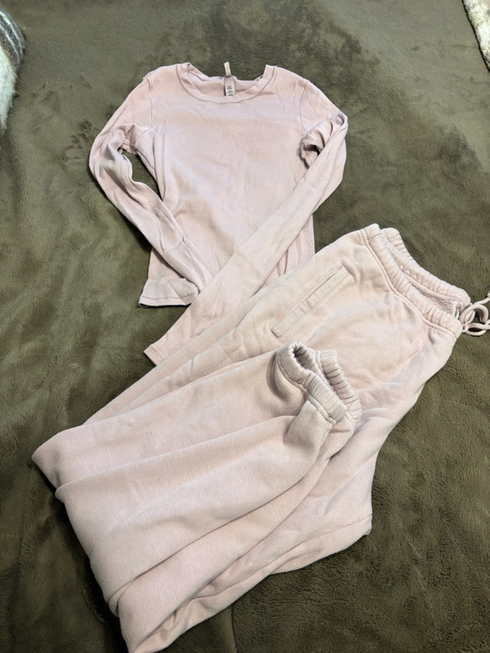 SKIMS Baby Pink Ribbed Long-Sleeve Top & Cozy Sweatpant Set